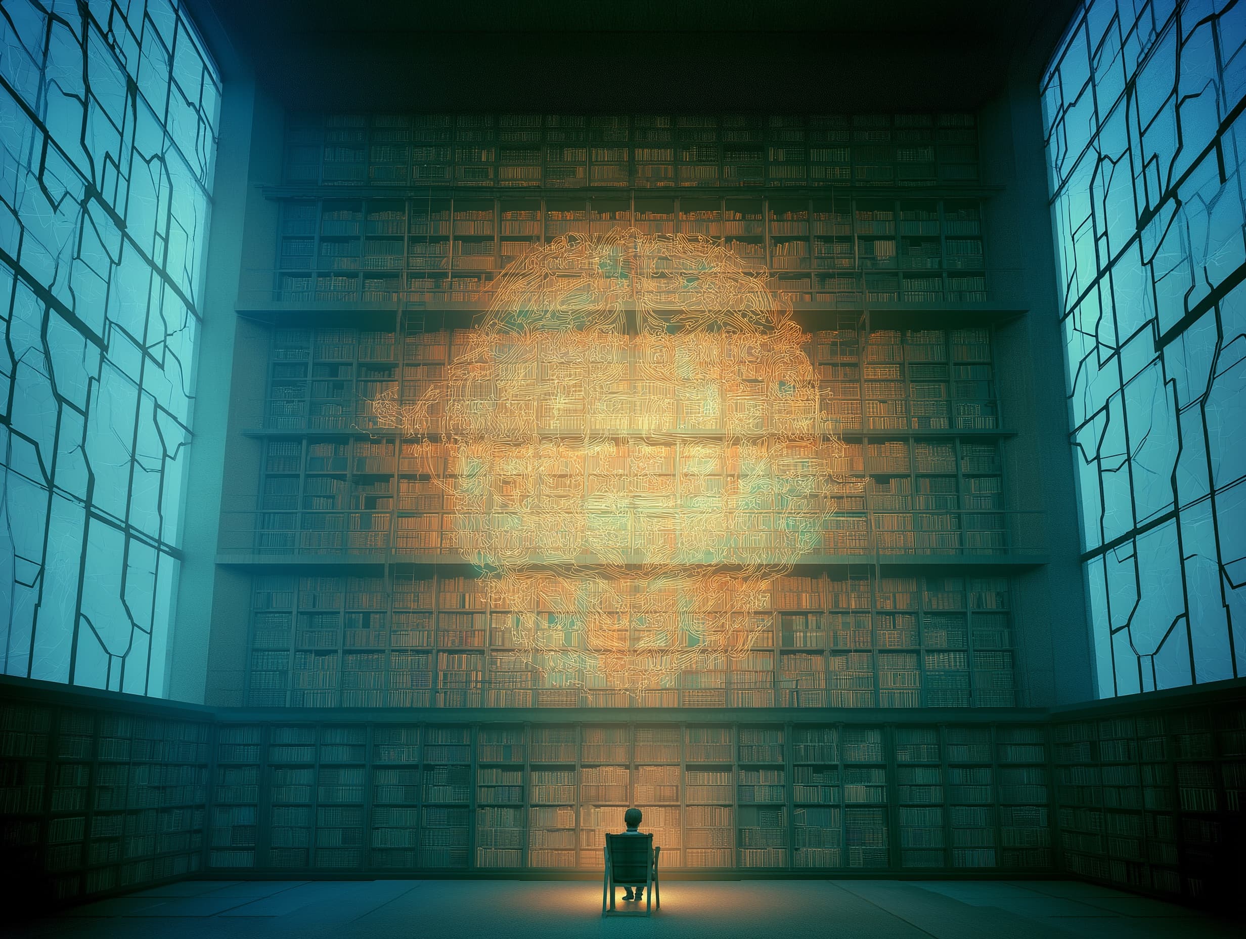 A person facing a glowing neural network inside a vast futuristic library